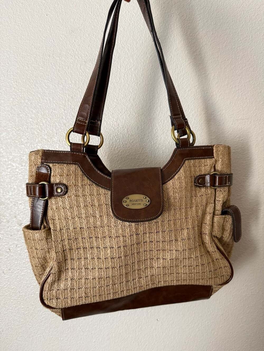 Rosetti New York Straw and Faux Leather Shoulder Bag